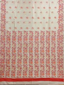 OFF WHITE & RED/ORANGE, KATAN SILK JAMDANI SAREE