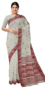 OFF WHITE & RED, TRADITIONAL COTTON JACQUARD WEAVE SAREE
