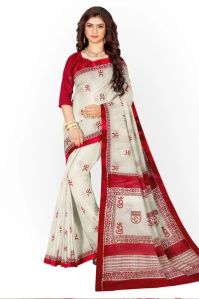 OFF-WHITE HANDLOOM TRADITIONAL DHONEKALI COTTON HANDBLOCK SAREE