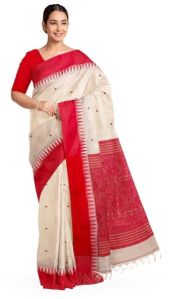 WHITE & RED HANDLOOM GARAD SILK SAREE WITH SATIN WOVEN BORDER