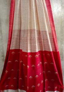 WHITE AND RED MATKA SILK SAREE WITH WOVEN STRIPE