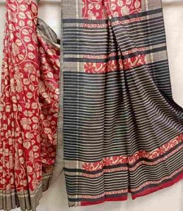  Red Tussar Silk Peacock Leaves Print Saree