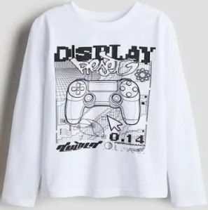 Printed Polyester Boys Full Sleeve Round Neck T-Shirts, Color : White