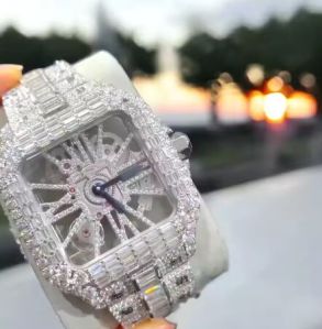 Mens Fashionable Iced Out Moissanite Diamond Quartz Watch