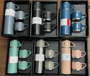 Steel Vacuum Flask Set with 3 Steel Cups Combo