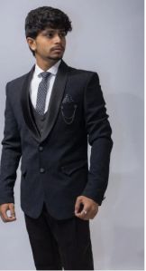 Mens Black Textured Tuxedo Suit with Satin Lapel