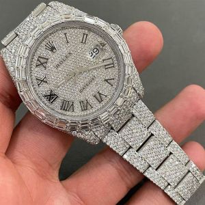 Rolex Datejust White Tone Full Iced Out Moissanite Diamond Watch