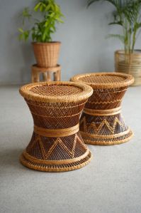 Polished Bamboo Sticks Cane Stool, Shape : Round