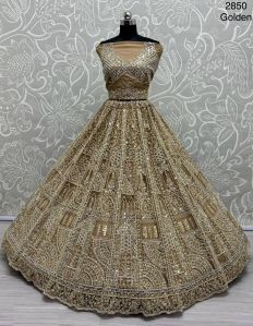 Women Motif And Zircon Diamond Work Studded Golden Color Net Lehenga Choli