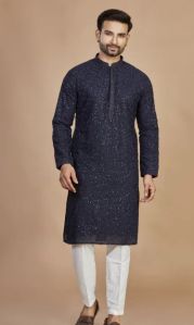 Mens Navy Blue Textured Kurta Set With Subtle Sequin Detailing
