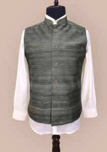Silk Textured Green Men Nehru Jacket
