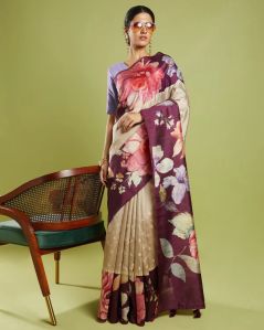 Beige Embroidered Blended Tussar Silk Saree