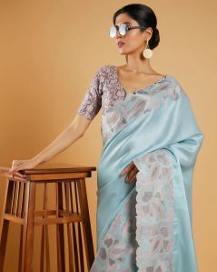 Blue Woven Embroidered Fancy Blended Tussar Silk Saree