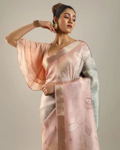 Light Pink and Grey Printed Blended Tussar Silk Saree