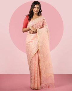 Peachish Pink Embroidered Fancy Blended Organza Silk Saree