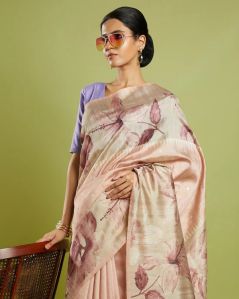 Pink Embroidered Blended Tussar Silk Saree