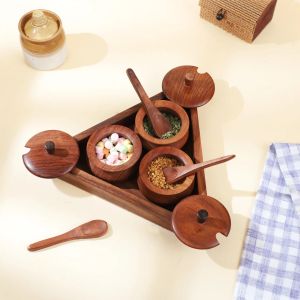 Wooden Spice Box Set with Triangle Tray
