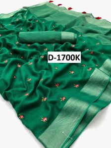 Handwoven Pure Linen by Linen Embroidery Work Saree