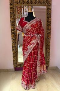 Red Gajji Silk Gharchola Saree In Gota Pearl Handwork
