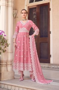 Women Handcrafted Mauve Pink Anarkali  Suit