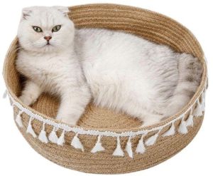 Natural Jute White Tassels Small Dog And Cat Bed