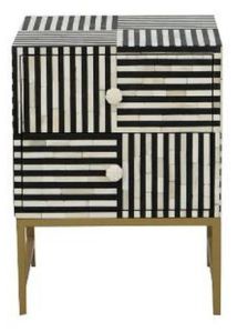 Black and White Striped Bone Inlay Nightstand Table with Gold Legs