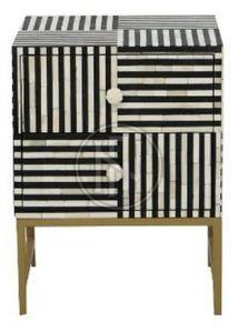 Black and White Striped Bone Inlay Nightstand Table with Gold Legs