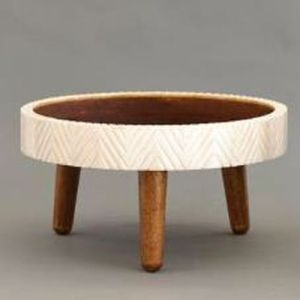 White Geometric Pattern Round Bone Inlay Cake Stand with Wood Legs