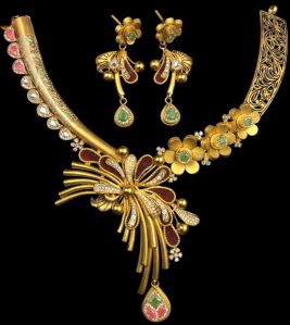 Designer Handcrafted Floral Gold Necklace Jewellery Set
