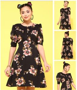 Ladies Black Floral Print Puff Sleeve Mini Dress