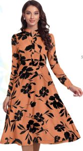 Ladies Peach Floral Print Ajanta Western Dress