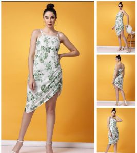 Ladies White Green Floral Print Ruched Asymmetrical Dress