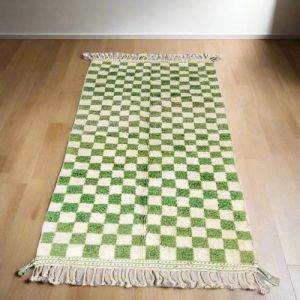 Green &AMP; White Checkered Hand Knotted Moroccan Rug