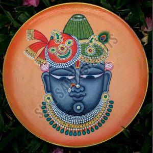 Painted Polished Wooden Round Shrinathji Plate, Color : Multi Color