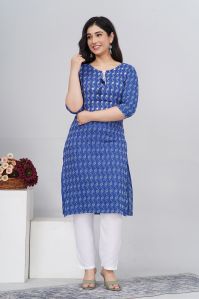 Ladies Formal Wear Navy Blue Printed Cotton Kurti