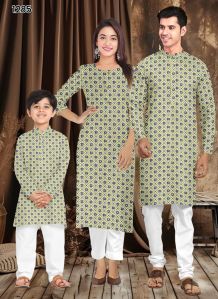 Cotton Printed Light Green Family Combo Kurta Kurti Set