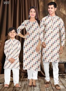 Cotton Printed Off White Family Combo Kurta Kurti Set
