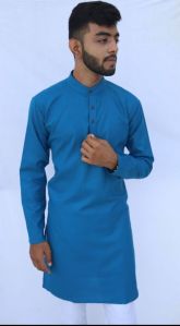 Pure Cotton Mens French Blue Plain Kurta