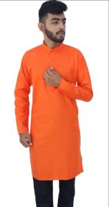 Pure Cotton Mens Orange Plain Kurta