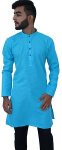 Pure Cotton Mens Sky Blue Plain Kurta