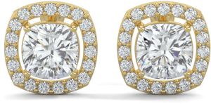 14K Gold Cushion Halo Diamond Stud Earrings
