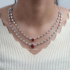 Oval Semi Precious Ruby Gemstone Moissonite Diamond Necklace