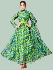 Printed Ladies Georgette Gowns, Color : Green Party Wear