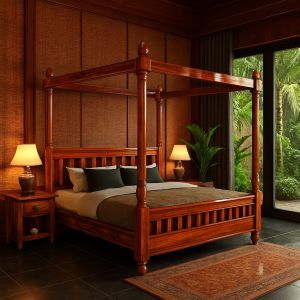 Glossy Teak Wood Bed Modern for Bedroom Furniture