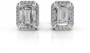 1.50 Carat Emerald and Round Cut Lab Diamond Stud Earring 14K White Gold