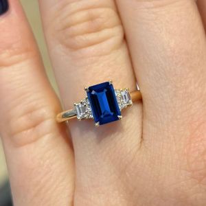 3 Carat Emerald Cut Three Stone Blue Sapphire Lab Diamond Engagement Ring