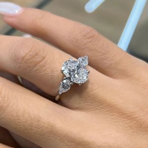 Oval Cut Lab Diamond Three Stone Diamond Ring 14K White Gold