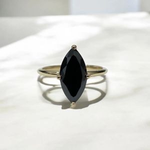 Women's 3Ct Marquise Cut Natural Black Diamond Solitaire Wedding Ring 14K Yellow Gold