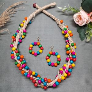 Handcrafted Multicolor Wooden Bead Jewelry Set