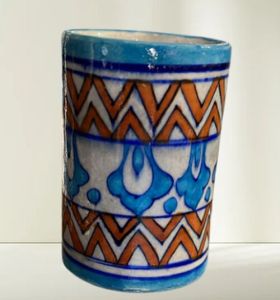 Glossy Blue Pottery Glass and Pen Holder 4 Inches